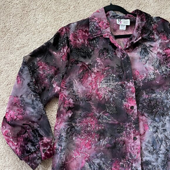 Vintage Maggie Sweet Whimsigoth Velvet Burnout Sheer ButtonUp Fairy Shiny Top 2X - Picture 2 of 13